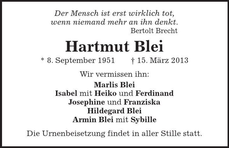 Traueranzeige Hartmut Blei