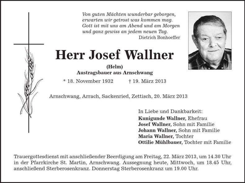 Traueranzeige Josef Wallner