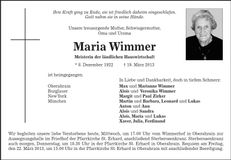 Traueranzeige Maria Wimmer
