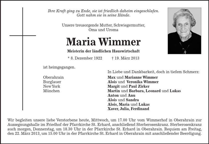 Traueranzeige Maria Wimmer
