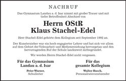 Traueranzeige Klaus Stachel-Edel