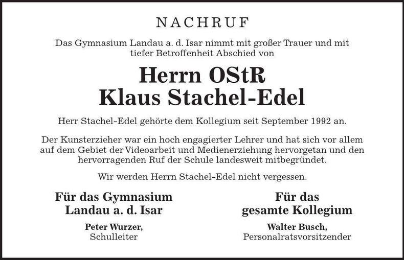 Traueranzeige Klaus Stachel-Edel