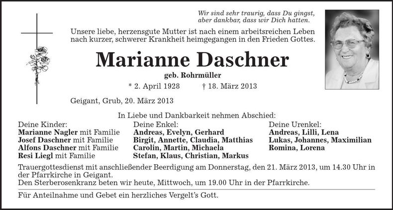 Traueranzeige Marianne Daschner