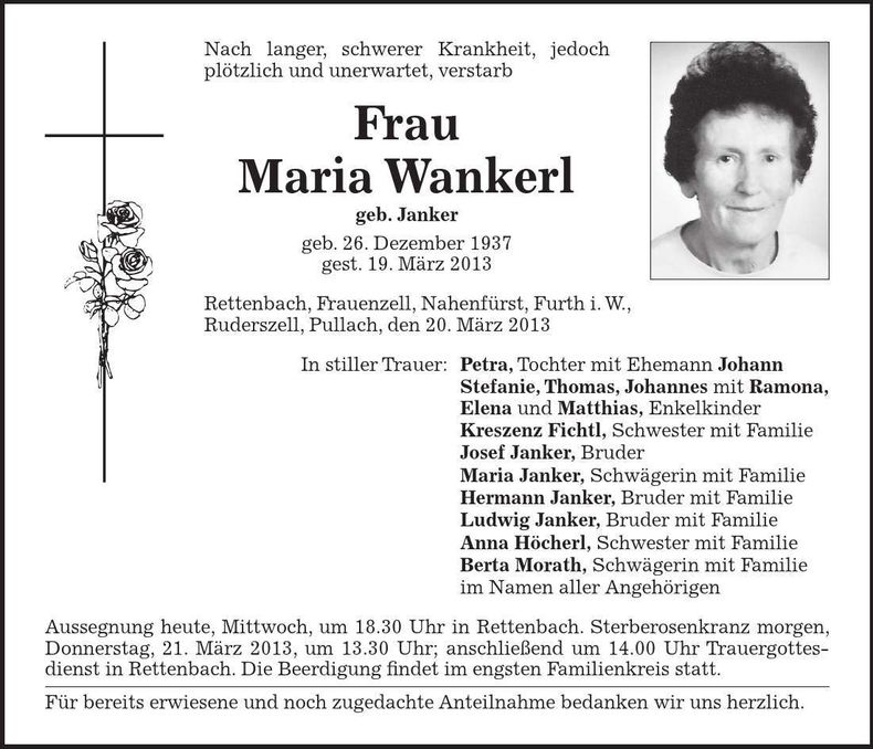 Traueranzeige Maria Wankerl