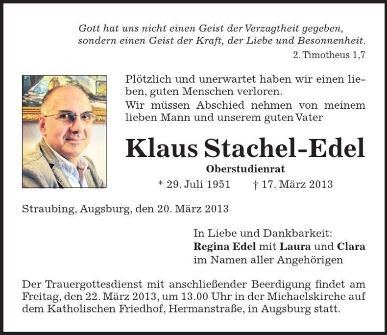 Traueranzeige Klaus Stachel-Edel