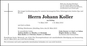 Traueranzeige Johann Koller