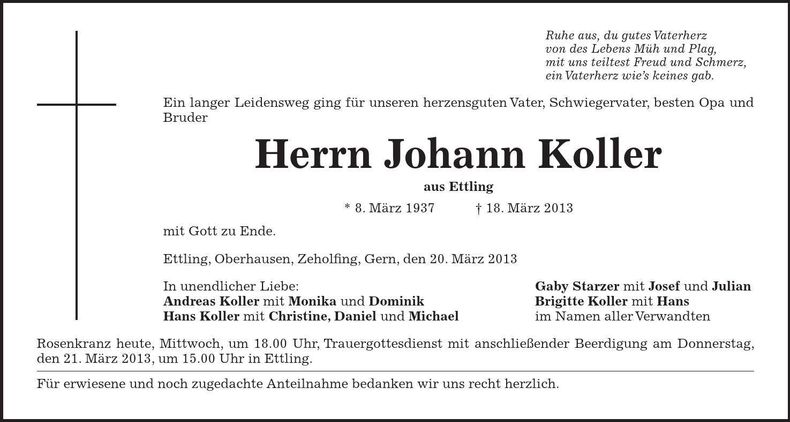 Traueranzeige Johann Koller