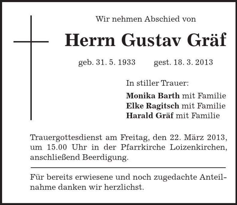 Traueranzeige Gustav Gräf