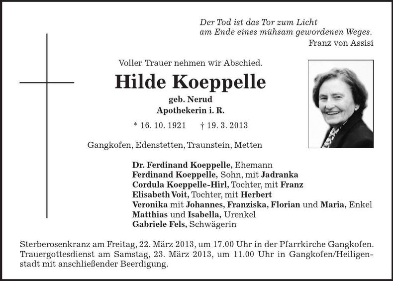 Traueranzeige Hilde Koeppelle