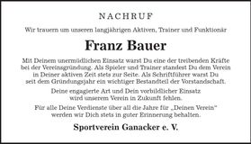 Traueranzeige Franz Bauer