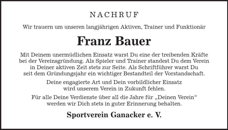 Traueranzeige Franz Bauer