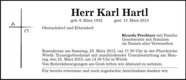 Traueranzeige Karl Hartl