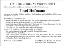 Traueranzeige Josef Hofmann