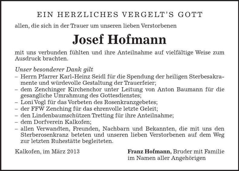 Traueranzeige Josef Hofmann