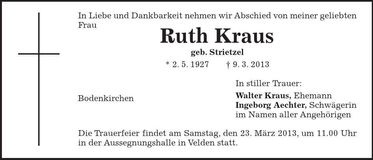 Traueranzeige Ruth Kraus