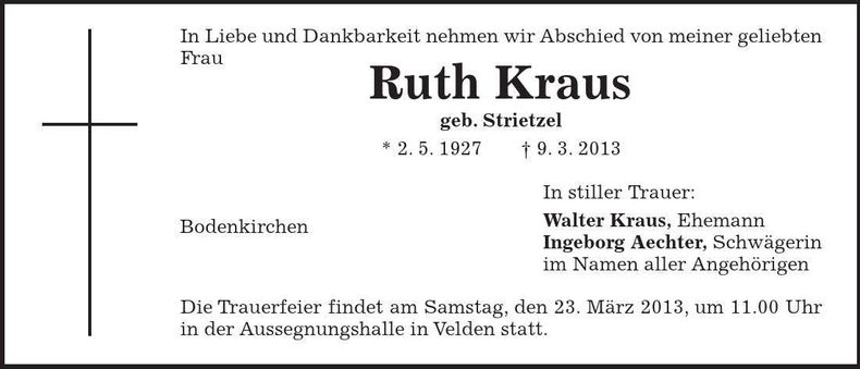 Traueranzeige Ruth Kraus