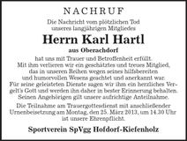 Traueranzeige Karl Hartl