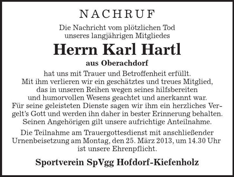 Traueranzeige Karl Hartl