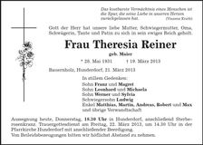 Traueranzeige Theresia Reiner