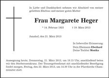 Traueranzeige Margarete Heger