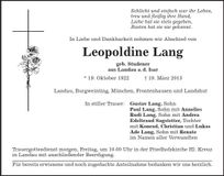 Traueranzeige Leopoldine Lang