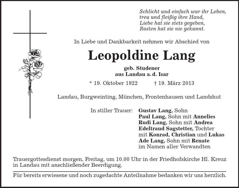 Traueranzeige Leopoldine Lang
