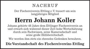 Traueranzeige Johann Koller
