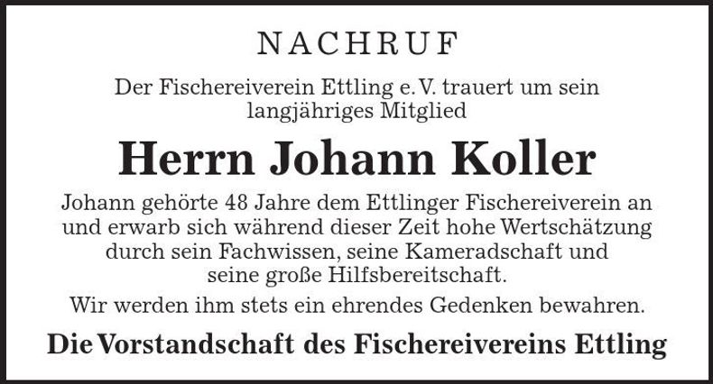 Traueranzeige Johann Koller