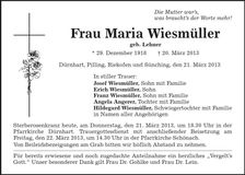 Traueranzeige Maria Wiesmüller