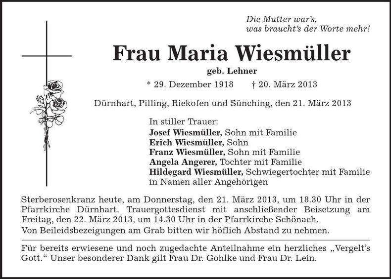 Traueranzeige Maria Wiesmüller