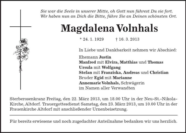 Traueranzeige Magdalena Volnhals
