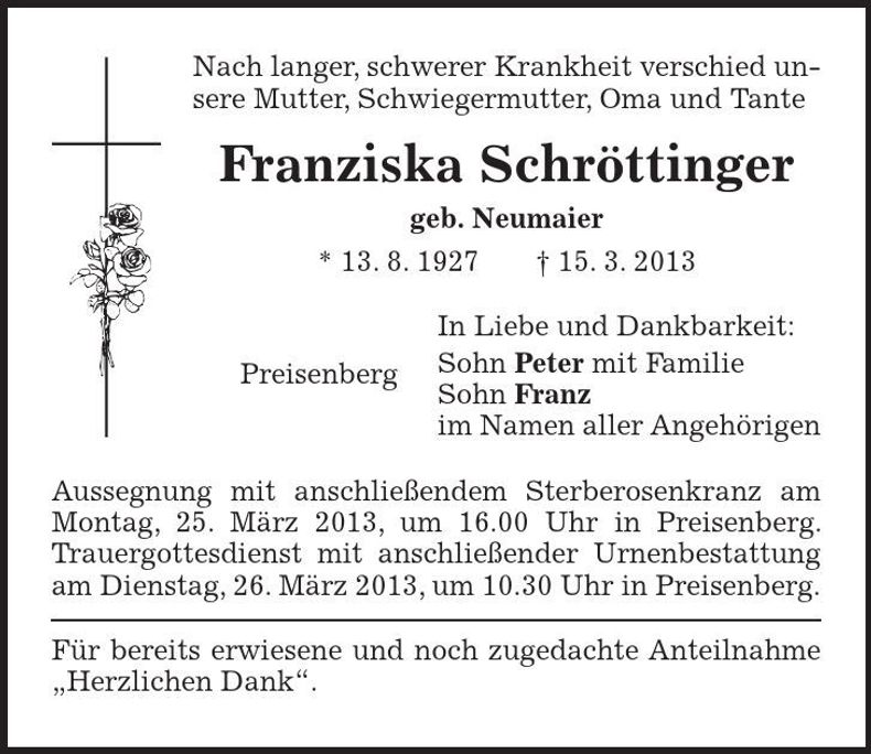 Traueranzeige Franziska Schröttinger