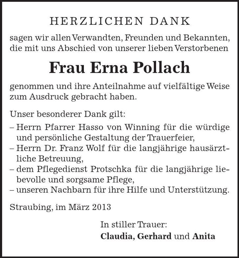 Traueranzeige Erna Pollach