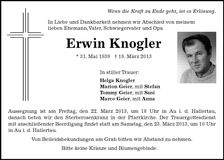 Traueranzeige Erwin Knogler