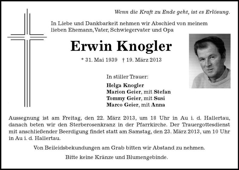 Traueranzeige Erwin Knogler