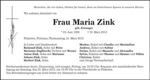 Traueranzeige Maria Zink