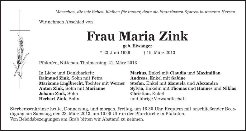 Traueranzeige Maria Zink