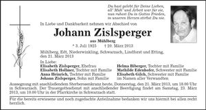 Traueranzeige Johann Zislsperger