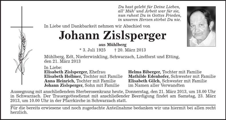 Traueranzeige Johann Zislsperger