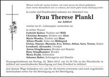 Traueranzeige Therese Plankl