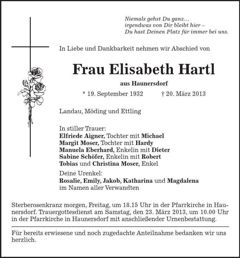 Traueranzeige Elisabeth Hartl