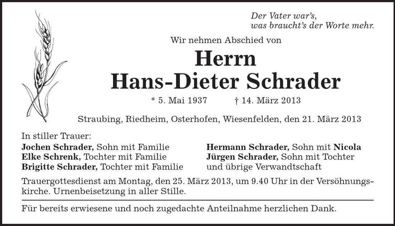 Traueranzeige Hans-Dieter Schrader