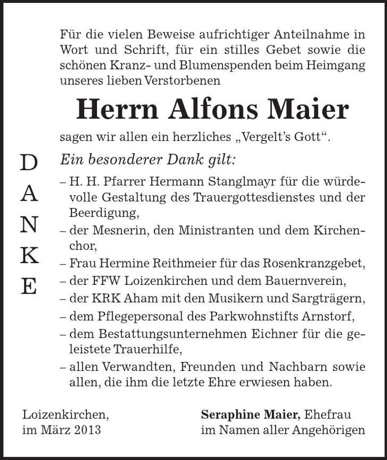 Traueranzeige Alfons Maier