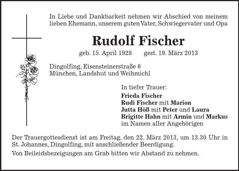 Traueranzeige Rudolf Fischer