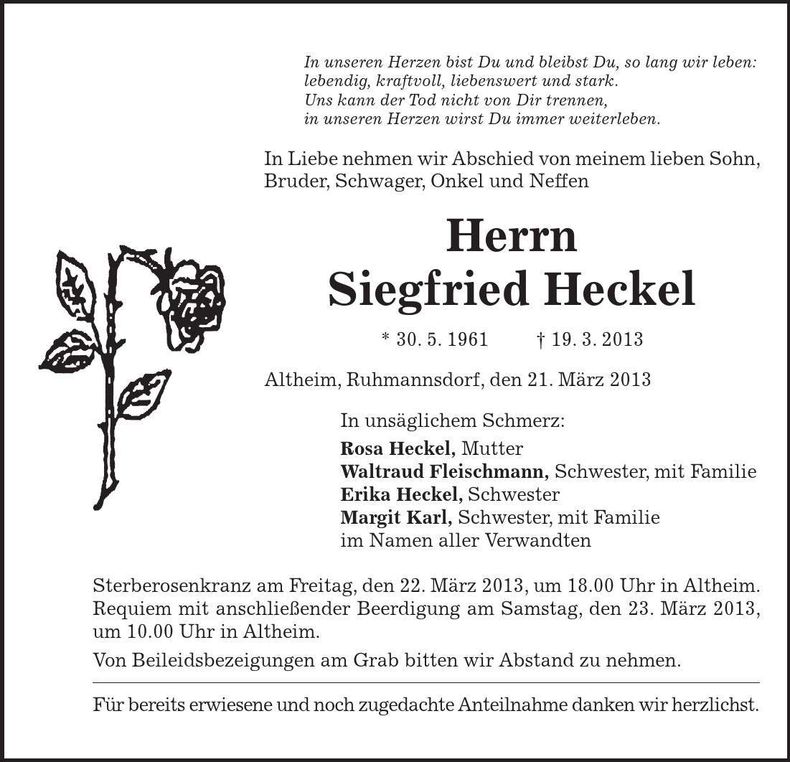Traueranzeige Siegfried Heckel