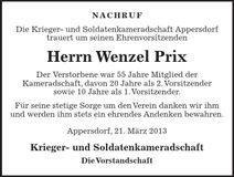 Traueranzeige Wenzel Prix