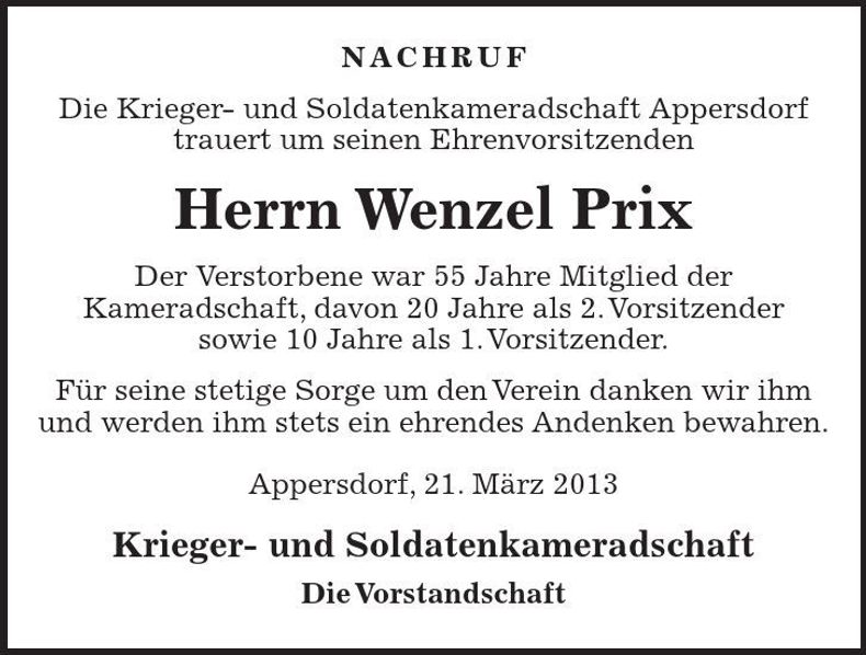 Traueranzeige Wenzel Prix