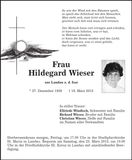 Traueranzeige Hildegard Wieser
