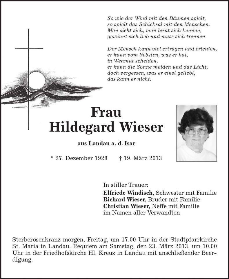 Traueranzeige Hildegard Wieser