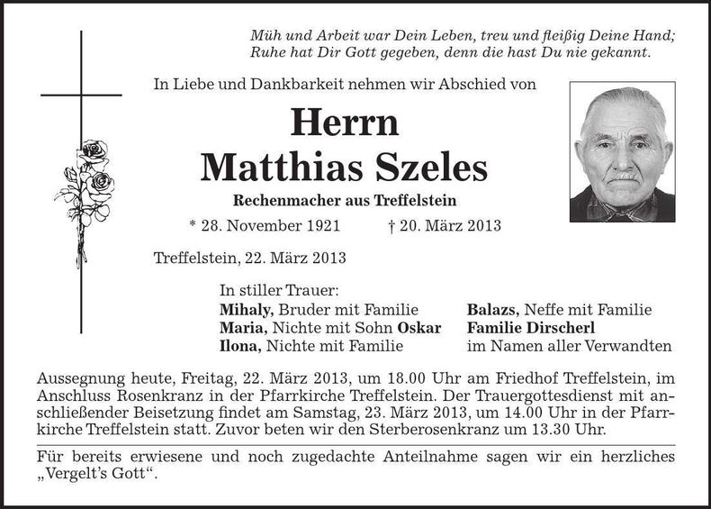 Traueranzeige Matthias Szeles